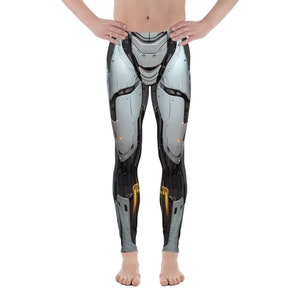 Könnte beinhalten: Schwarze Leggings mit einem silber- und graufarbenen Roboterpanzer-Design. Die Leggings zeigen eine detaillierte Illustration mechanischer Komponenten mit goldenen und orangenen Akzenten. Das Design bedeckt die gesamte Vorderseite der Leggings.