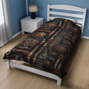 May include: A twin-sized bedspread with a steampunk design featuring intricate gears, pipes, and metal accents in shades of brown, gold, and blue.