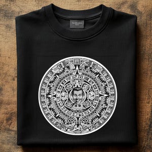 May include: Black t-shirt with a white graphic of the Aztec calendar featuring a man's face in the center. The text "The Eliterations" is printed on the tag.
