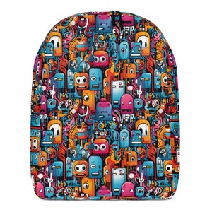 May include: A colorful backpack with a pattern of cartoon faces and abstract shapes. The backpack is black with a variety of bright colors, including blue, green, orange, pink, and yellow.