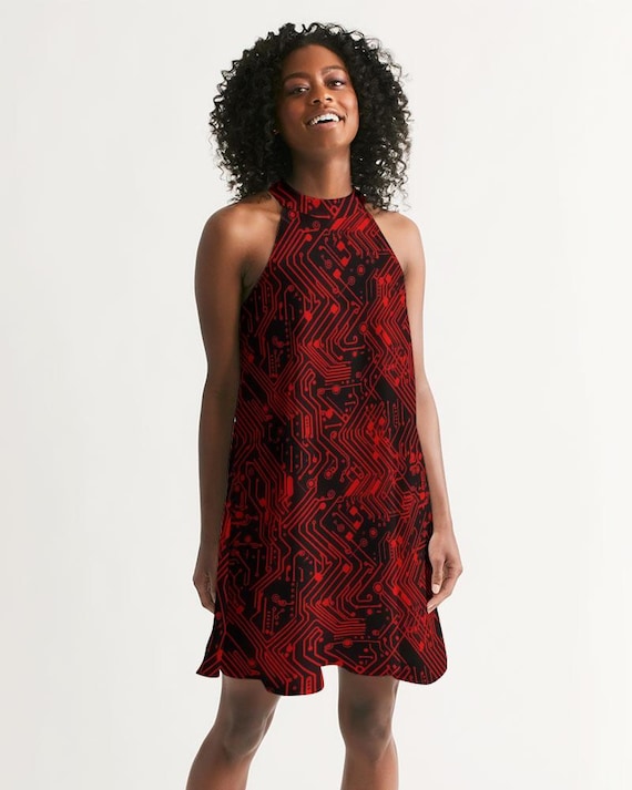 Women's All-over Print Halter Dress Red Circuit Board - Etsy
