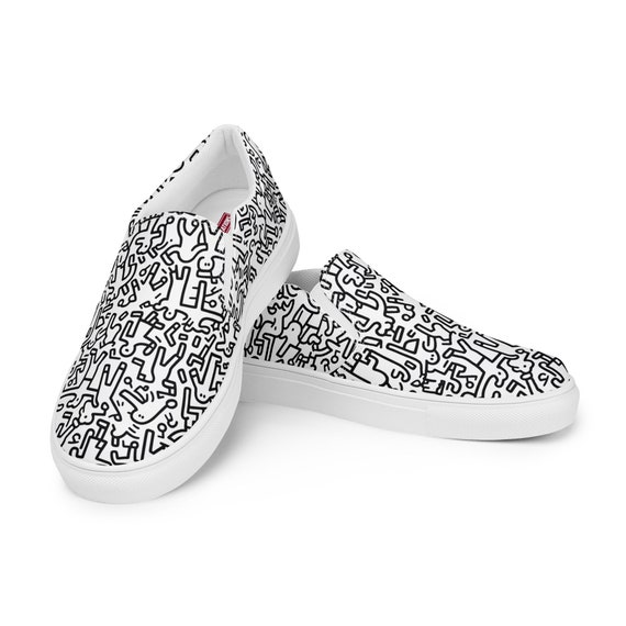 B W Graffiti Pattern Instappers van canvas voor heren Etsy Nederland