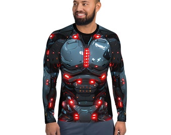 May include: A black long-sleeved shirt with a futuristic robot design. The robot is made of silver and gray metal with red glowing lights.
