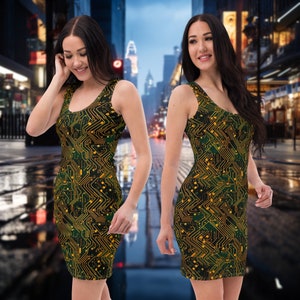 May include: A sleeveless dress with a green and gold circuit board pattern. The dress is fitted and has a scoop neck.