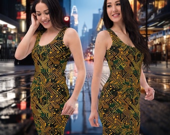 May include: A sleeveless dress with a green and gold circuit board pattern. The dress is fitted and has a scoop neck.