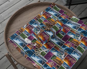 May include: A wrapped gift box and wrapping paper with a comic book style design featuring panels of landscapes, explosions, and text bubbles. The gift is tied with a brown ribbon. Scissors and tape are also on the table.