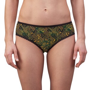 May include: Black and green underwear with a gold circuit board pattern.