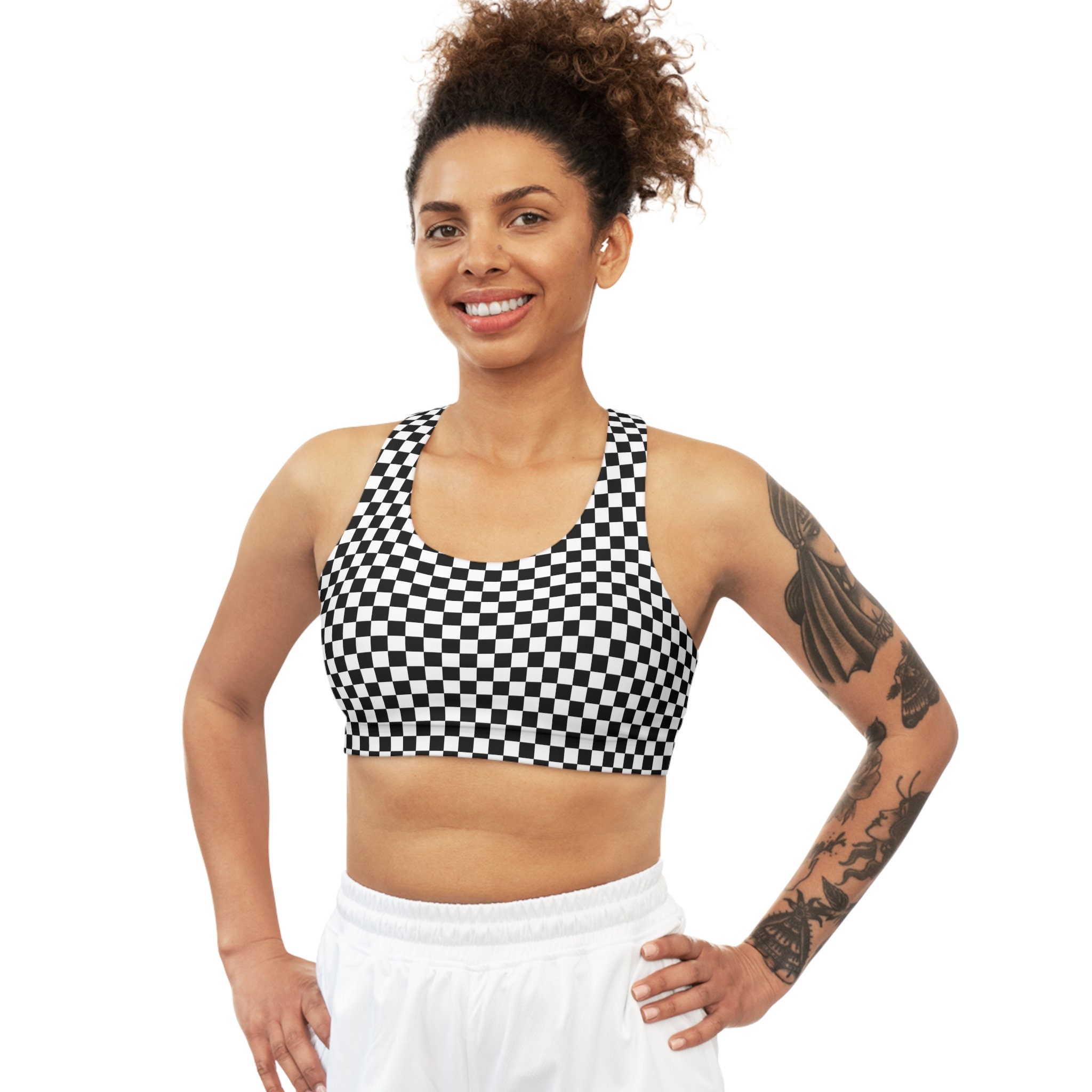Checkered Flag Women Padded Sports Bra Print Running Tank Top Yoga