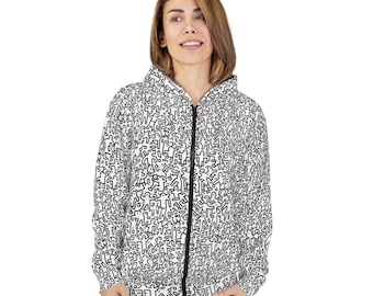 Sudadera unisex con capucha y cremallera con estampado de grafiti en blanco y negro