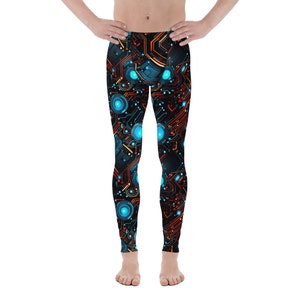 May include: Black leggings with a colorful circuit board pattern featuring blue and orange accents.