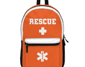Könnte beinhalten: Orangefarbener und weißer Rucksack mit dem Wort "RESCUE" in weißen Buchstaben, einem weißen Pluszeichen und einem weißen medizinischen Symbol mit einer Schlange.