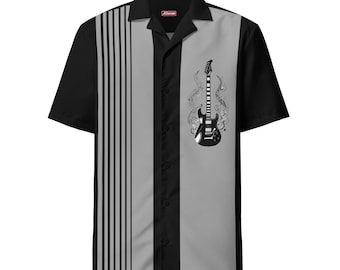 Camisa de bolos unisex con temática de guitarra estilo rockabilly