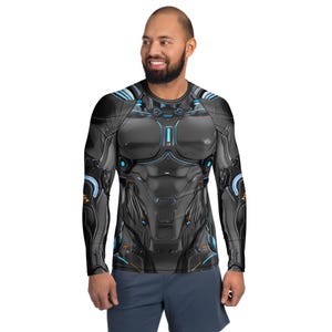 May include: A long-sleeve shirt with a futuristic, armored design in shades of black and gray, accented with blue and orange details. The shirt features a round neck and a form-fitting silhouette, creating a sci-fi or cosplay aesthetic.
