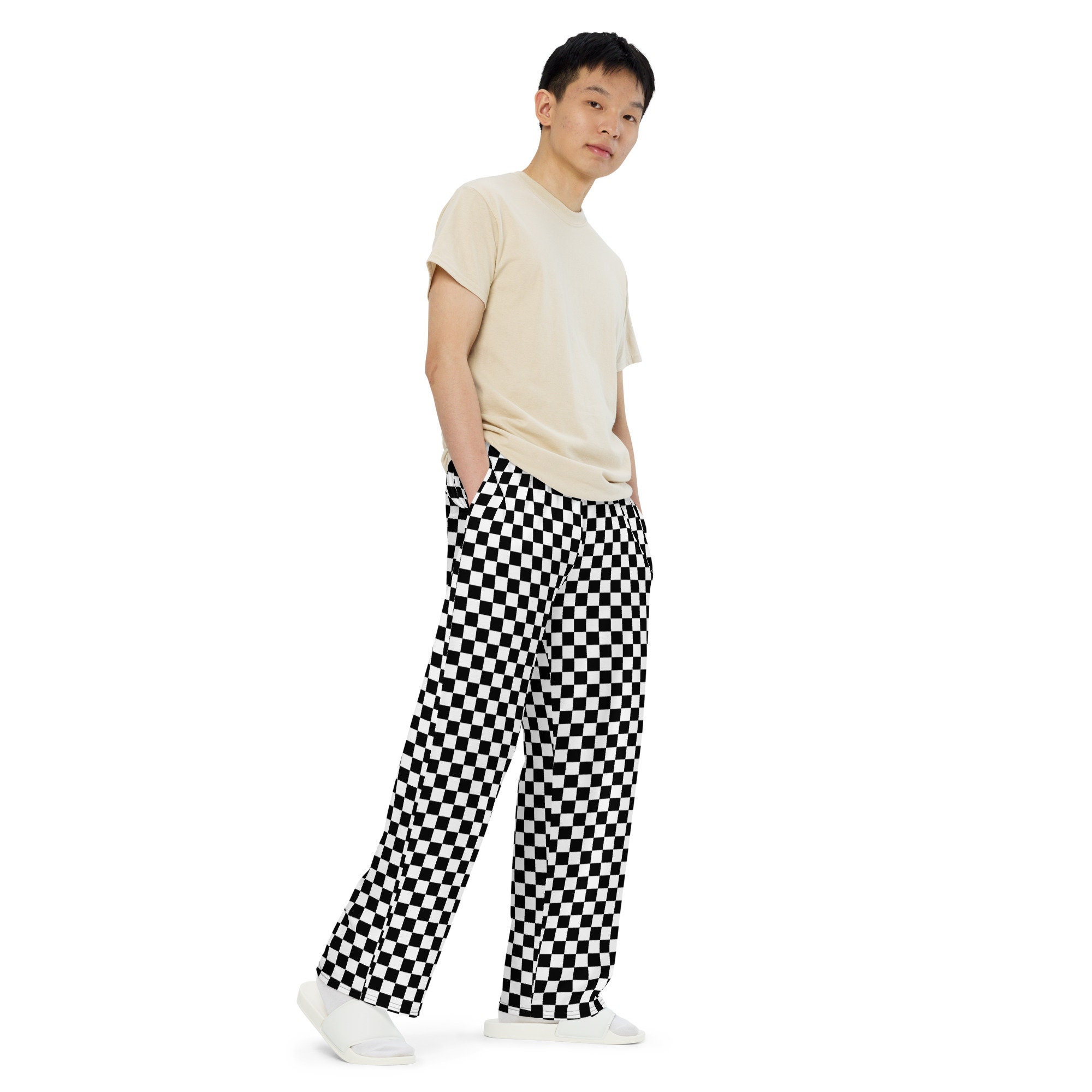 Checkered Pattern Pants, Black and White Checkered Joggers With