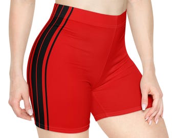 Red with Black Stripe Women's Biker Shorts