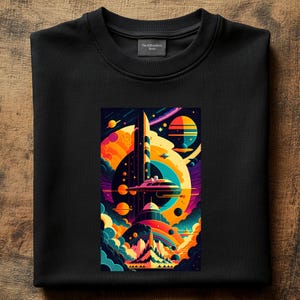 May include: A black t-shirt with a colorful graphic print of a spaceship flying through a galaxy with planets and stars. The graphic is in a retro style with bright colors and geometric shapes.