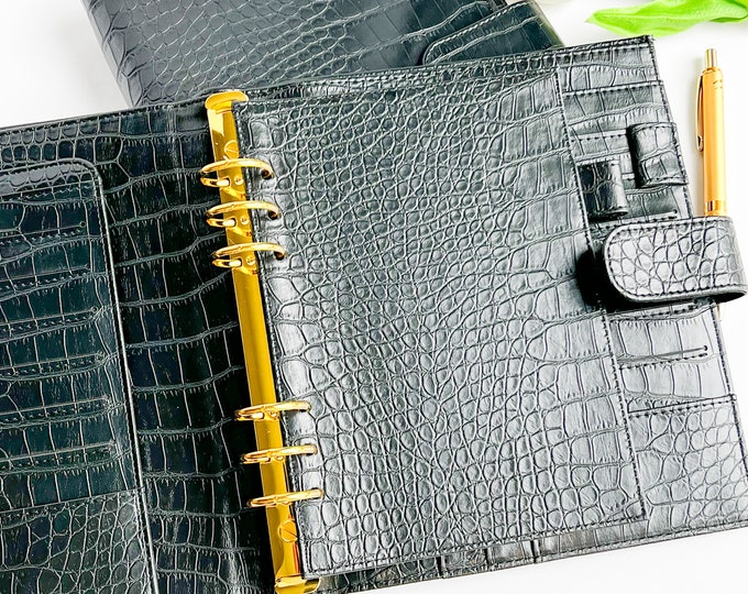 A5 Black Croc Vegan Planner Cover 6ring Binder Faux Leather Agenda