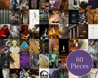 May include: A collage of 60 images featuring various objects related to books, libraries, and literature. The images include a skeleton, a globe, a quill pen, a clock, a skull, a stained glass window, a typewriter, and a book with the text "Public Library".