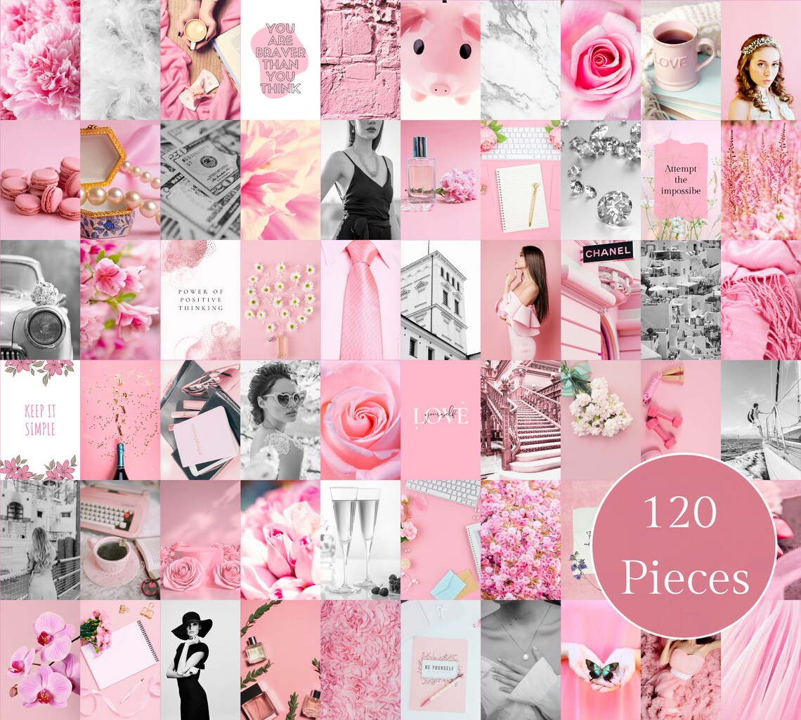 Bright Pink Wall Collage Kit Indie Room Decor, VSCO Wall Collage Kit