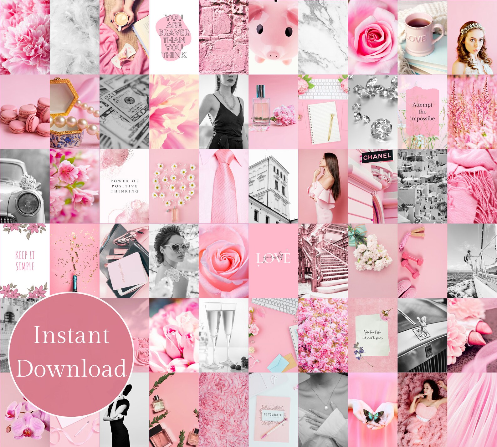 Bright Pink Wall Collage Kit Indie Room Decor, VSCO Wall Collage Kit