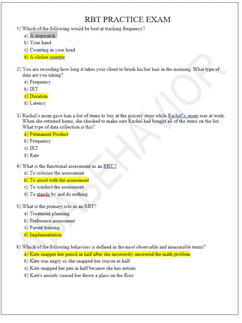 RBT Mock Exam 1 85 Questions 15 Bonus Questions Answer Key RBT Practice