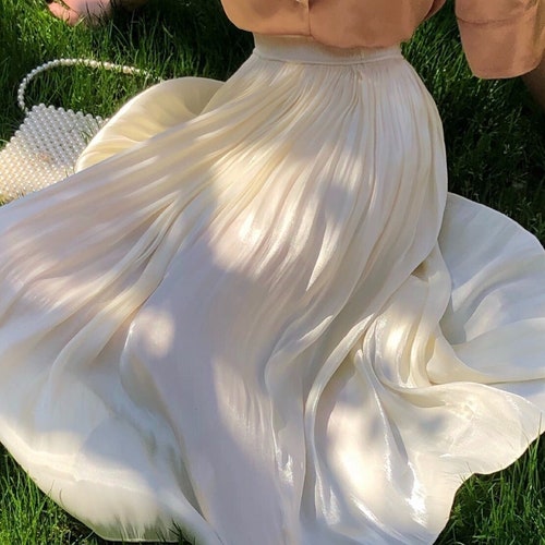 Silky Solid Midi A Line Skirt/Pleated Flared Skirt/Summer Dress