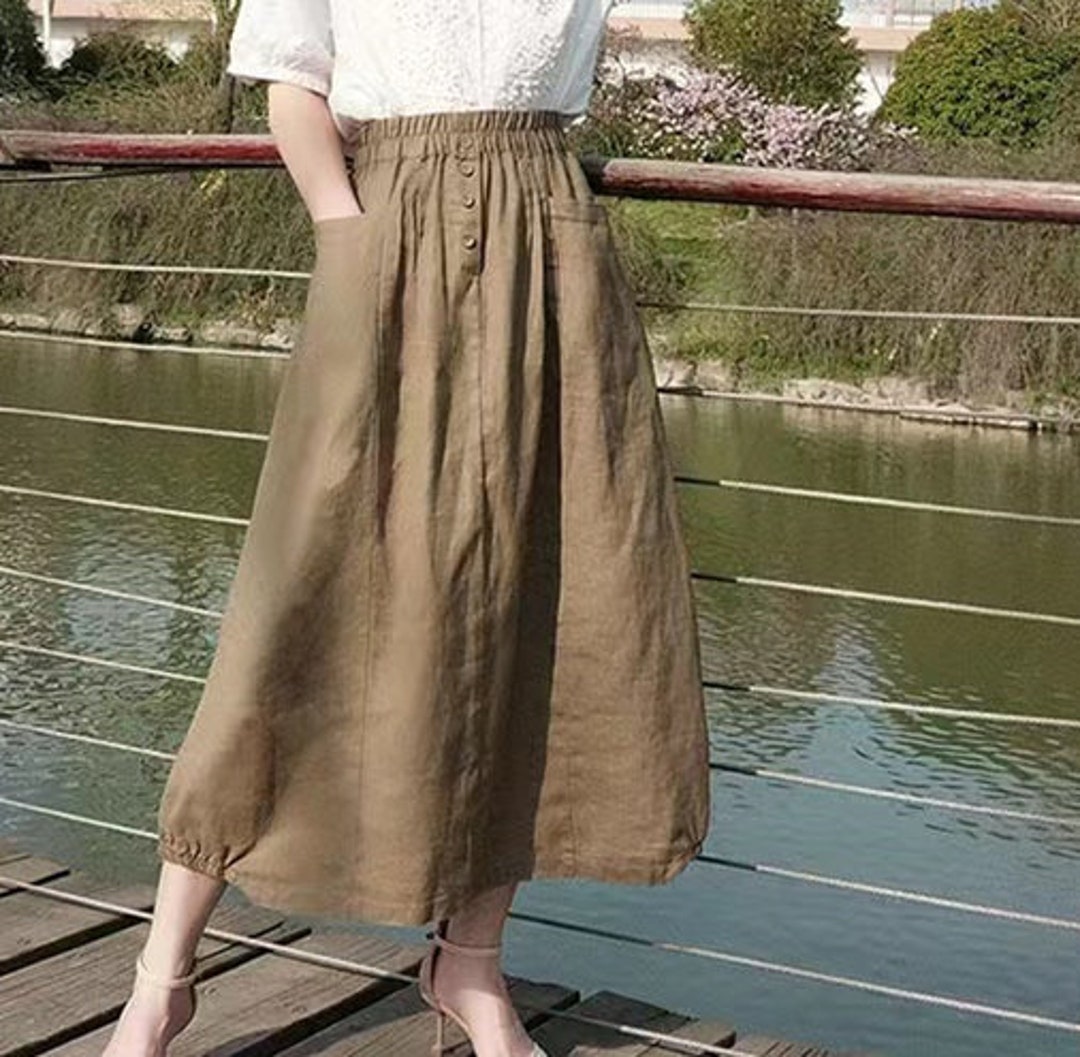 100% Linen Mid-calf Skirt/high Waisted A-line Skirt/elastic - Etsy