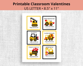 Printable Classroom Valentine Cards, Construction Theme Valentines for Kids