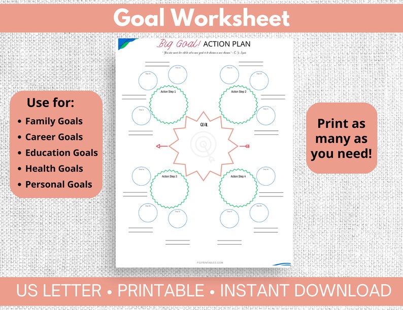 Goal Planner Printable, Goal Setting, Action Plan Worksheet Etsy