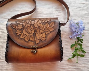 Handmade Tooled Leather Crossbody Bag: Floral Design, Adjustable Strap