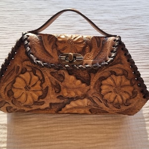 Handmade Tooled Leather Bag – Floral Embossed Purse – Vegetable Tanned Leather – Vintage Style – Unique Gift for Her