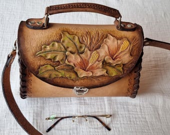 Handmade Tooled Leather Crossbody Bag – Floral Design, Vintage Style