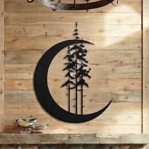 Dennenboom wassende maan metalen muur kunst, extra grote boerderij decor, drie bomen decor, bos kunst aan de muur, stalen metalen muur kunst, decor natuurcabine