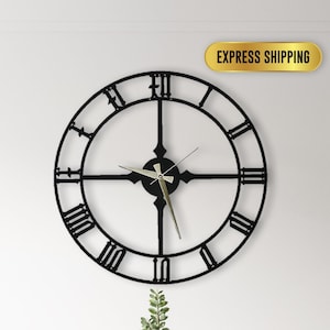 Antique Minimalist Black Large Wall Clock, Wanduhr Modern Design Unique Oversize Clock, Modern Home Metal Wall Art Horloge Murale,Wall Clock