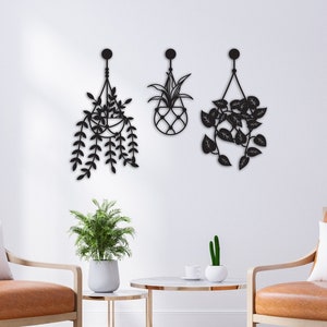 Hanging Flowers Metal Wall Art, Metal Spring Flower Wall Decor Set of 3, Flower in Vase Large Metal Wall Sign, Kitchen Living Room Decor