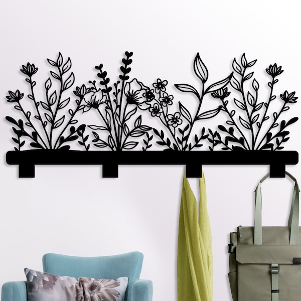 Wall Mounted Coat Rack with Flowers, Entryway Metal Coat Rack, Coat Hook Hanger, Wall Mount Towel Hanger, Large Metal Wall Hanger,Coat Stand