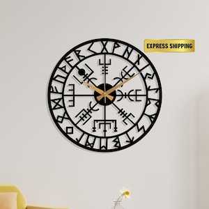 Vegviser Large Metal Wall Clock,Viking Symbols Wall Clock, Modern Oversize Wall Clock,Viking Wall Decor, Horloge Murale, Wanduhr Clock Art