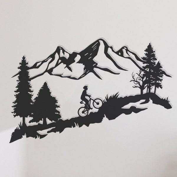 Mountain Metal Wall Decor, Mountain Tree and Cyclist Wall Art, Metal Biker Wall Art, Biker Metal Wall Art, Bicycle Lover Gift, Wall Hangings