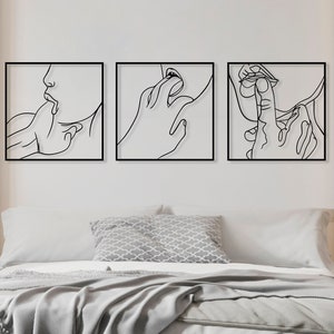Metal Lips Line Wall Art Set of 3, Above Bed Decor Female Line Art,Bedroom Naked Decor,Bathroom Line Art Decor,Hands Line Art,Metal Love Art