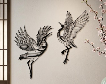 Wanddeko-Set mit Kranichmotiven aus Metall (2er-Set), Kranichvogel-Deko, einzigartige Wohnzimmerdekoration, Vogel-Wandbehang, Außendekoration, große Vogel-Wanddeko