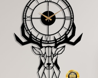Metal Deer Wall Clock, Silent Oversize Clock, Deer Head Wall Clock, Modern Unique Clock, Large Wall Clock, Wanduhr, Outdoor Metal Wall Clock