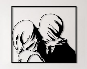 Rene Magritte The Lovers Metal Wall Art, Famous Romantic Couple Kiss Wall Art, Minimalist Line Woman Face Art, Modern Unique Home Decoration