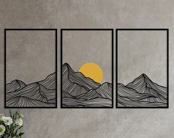 Mountain and Sun Metal Wall Art Set of 3, Nature Minimalist Home Decor, Mountain Range Panels Modern Art,Sunset Sunrise Framed Boho Wall Art