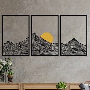 Mountain and Sun Metal Wall Art Set of 3, Nature Minimalist Home Decor, Mountain Range Panels Modern Art,Sunset Sunrise Framed Boho Wall Art