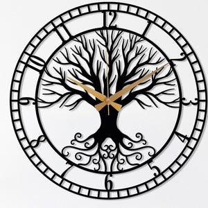 Tree of Life Metal Wall Clock, Black Large Wall Clock, Tree Clock, Silent Mid-Century Wall Clock,Modern Living Room Clock Art,Horloge Murale