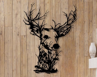 Deer Tree Metal Wall Art, Nature View Wall Art, Deer Head Tree Decor, Wildlife Farmhouse Wall Art, Outdoor Wall Hanging, Unique Home Decor