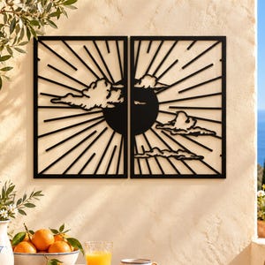 Minimalistische zonneschijn metalen muurkunst set van 2, zon abstracte boho muurdecoratie, zonsopgang en zonsondergang modern huisdecor, grote muurdecoratie boven bed