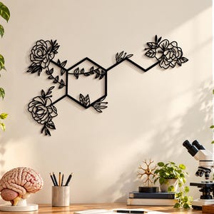 Arte de parede em metal com molécula de dopamina, placa de parede com símbolo de felicidade e dopamina, decoração para escritório, placa motivacional, decoração de parede com química