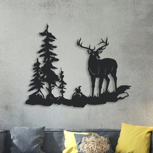 Decoración de pared de ciervos de metal, arte de la pared de la montaña del árbol, arte de la pared de la vista de la naturaleza, signo del bosque de metal, arte de la pared de la montaña de los ciervos, decoración de la pared del metal de la vida silvestre