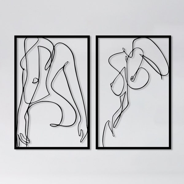 Nackte Frau Körper Wand Kunst 2er-Set, Metall Badezimmer Wand Dekor, minimalistische weibliche Körper Schlafzimmer Dekor, feminine One Line Art, über dem Bett Dekor
